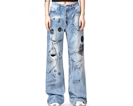 Graffiti Fun Niche Print Washed Distressed Denim Trousers