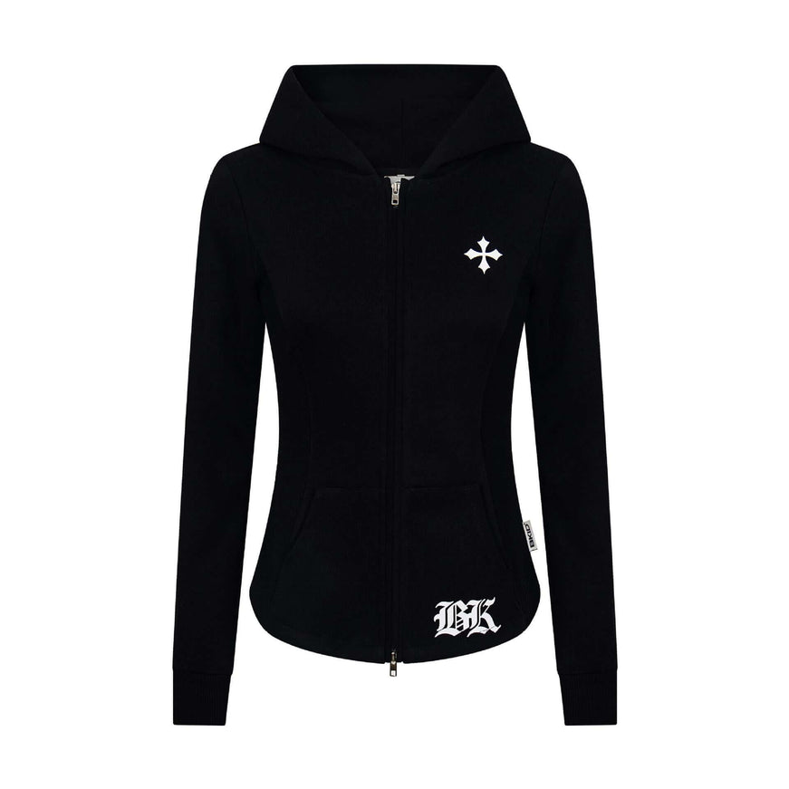 Model wearing Gray letter cross zipper cardigan by Grozavu