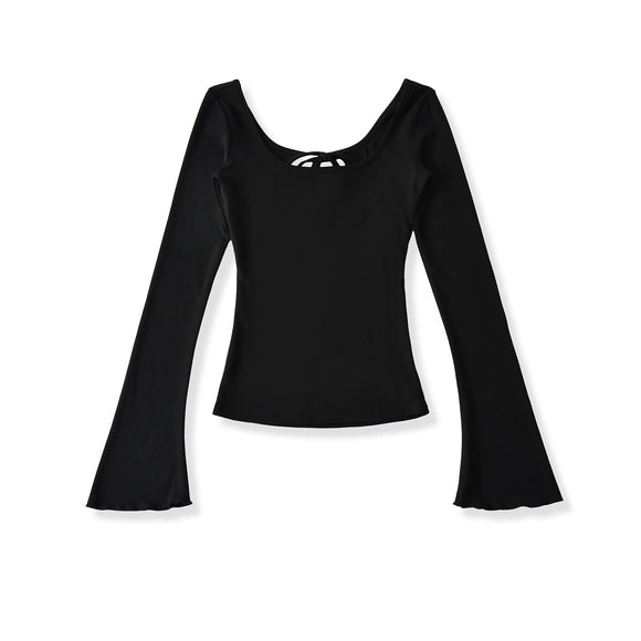 U-neck Striped Long Sleeved Elastic T-shirt Tight Top