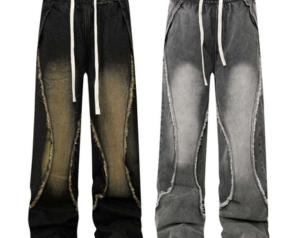 Pantalones de mezclilla retro desgastados con parches y efecto de bigote