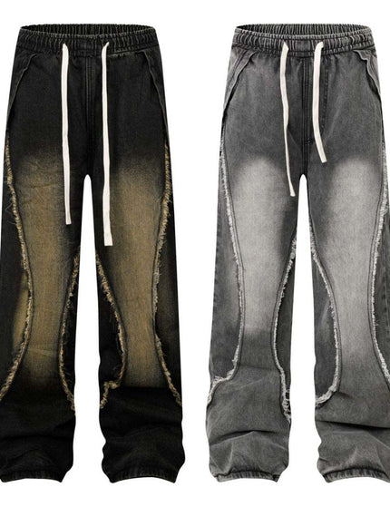 Retro Washed Distressed Patchwork Whisker Denim Pants