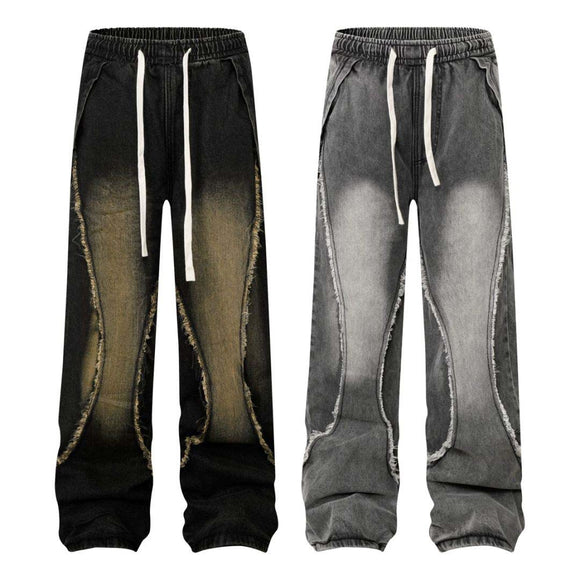 Retro Washed Distressed Patchwork Whisker Denim Pants Unisex Loose Wide Leg Straight Long Trousers
