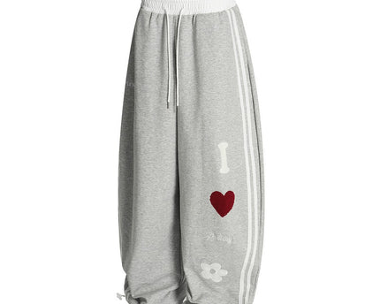 Street Style Towel Embroidery Heart Graphic Sweatpants