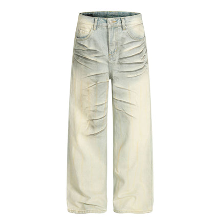 Vintage Blue Cat-Scratch Pattern Loose Fit Unisex Denim Pants