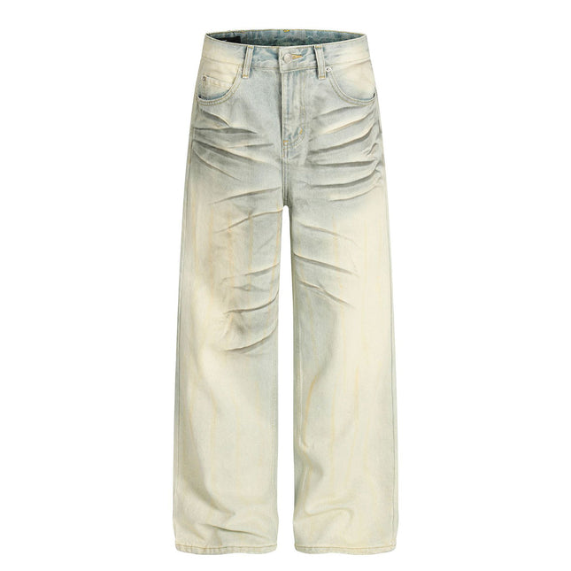 Vintage Blaue Katzenkratzmuster Lockere Passform Unisex Denim-Hose