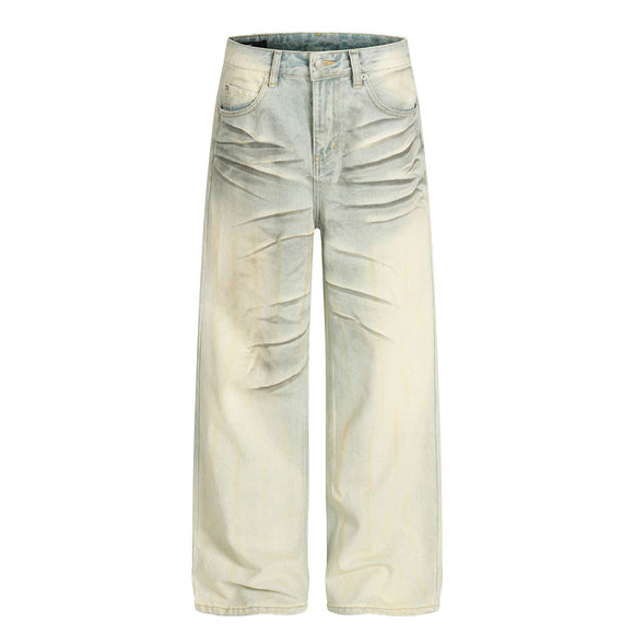 Vintage Blue Cat-Scratch Pattern Loose Fit Unisex Denim Pants