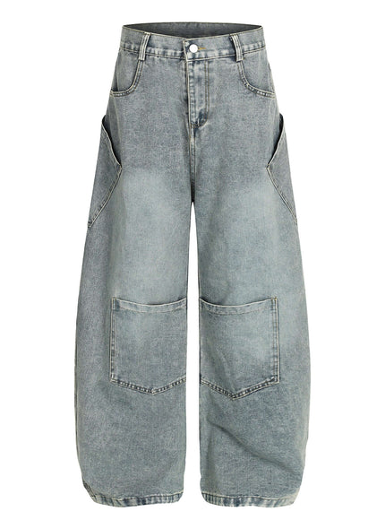 Model wearing Blue patchwork multi pocket mid jeans by Grozavu