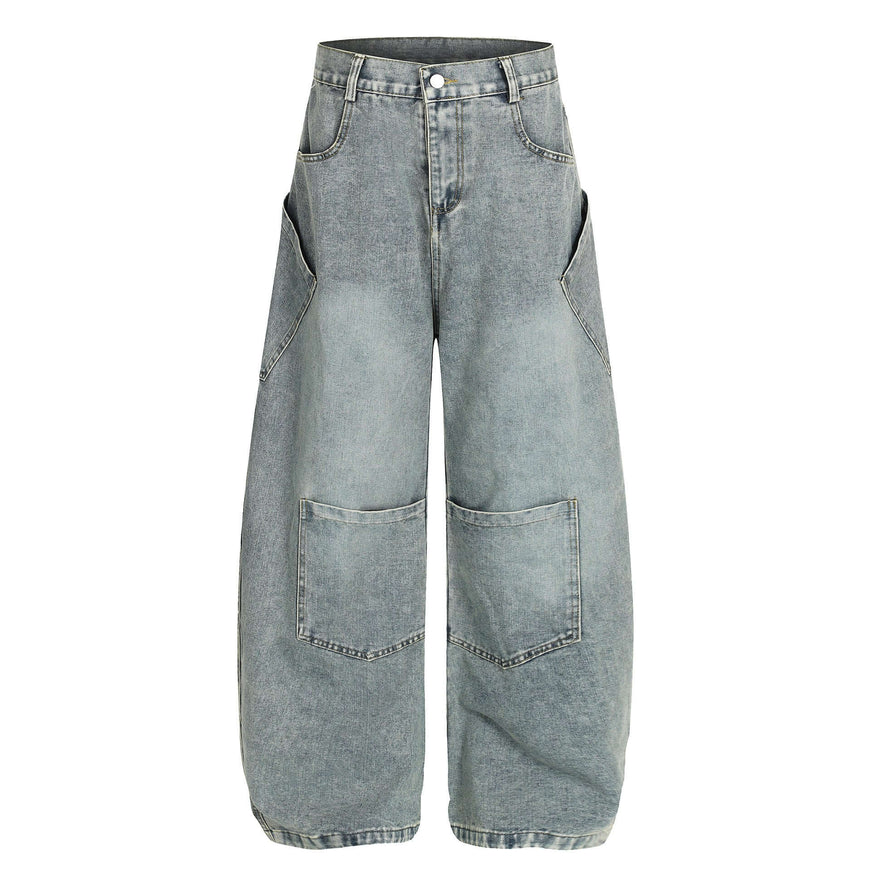 Model wearing Blue patchwork multi pocket mid jeans by Grozavu