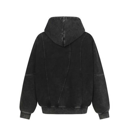 Stripe Patchwork Hoodie – Loose Fit back view showcasing its modern, edgy design and high-neck detail.