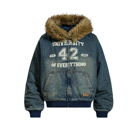 Wool Collar Padded Denim Jacket – Loose Fit with fur hood and vintage university print.