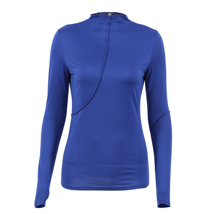 Grozavu's Sexy High-Neck Blue Knit Top: Style at €30.99