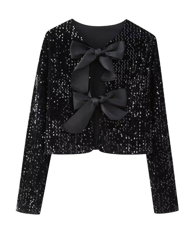 Grozavu's Elegant Sequined Crop Top: Add Sparkle with a Stylish Bow Tie