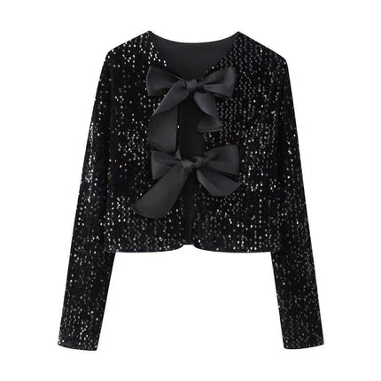 Grozavu's Elegant Sequined Crop Top: Add Sparkle with a Stylish Bow Tie at €30.99