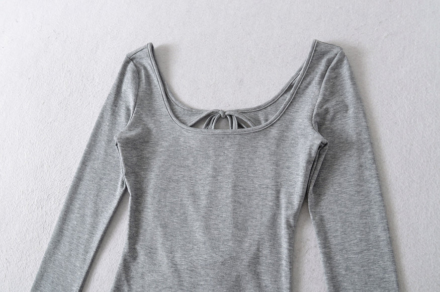 U-neck Striped Long Sleeved Elastic T-shirt Tight Top