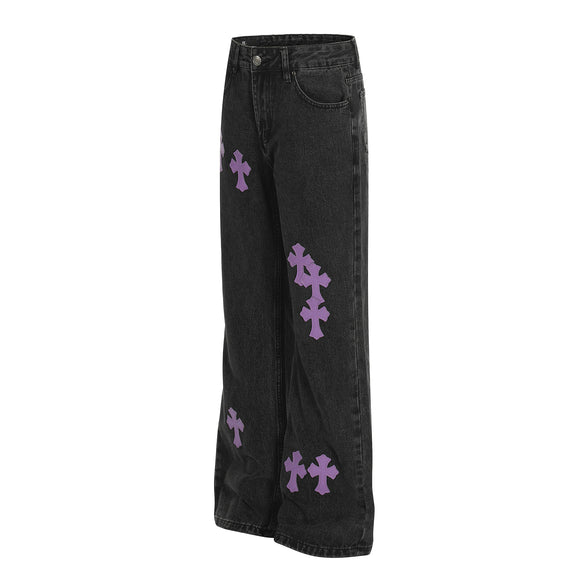 Style Trendy Unisex Retro Cross Pattern Slim Fit Flared Denim Pants