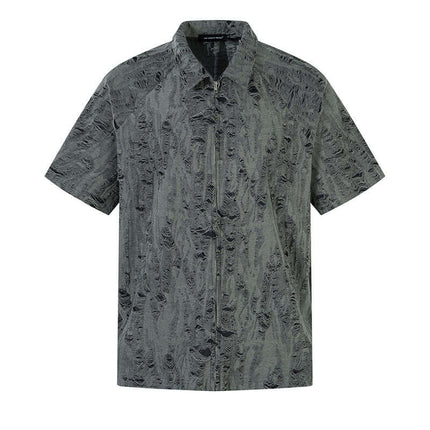 Distressed Short Sleeve Shirt - Loose Fit in grey, featuring a zipper and casual distressed design for summer wear.