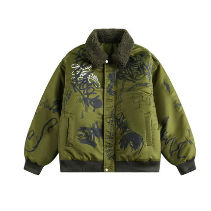 Retro Floral Padded Jacket – Loose Fit in olive green with bold graphic design and a cozy collar, perfect for winter styling.