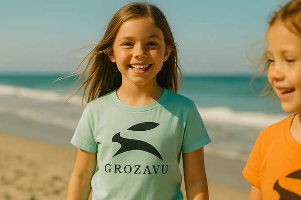 Two children on a beach with one wearing a Grozavu t-shirt.