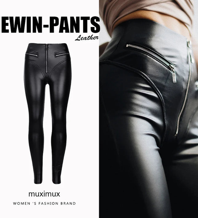 Grozavu Women's High-Waist Slim Leather Pants