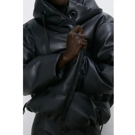 Grozavu Lokar Hooded Faux Leather Parka: Elegant PU Leather at €128.99