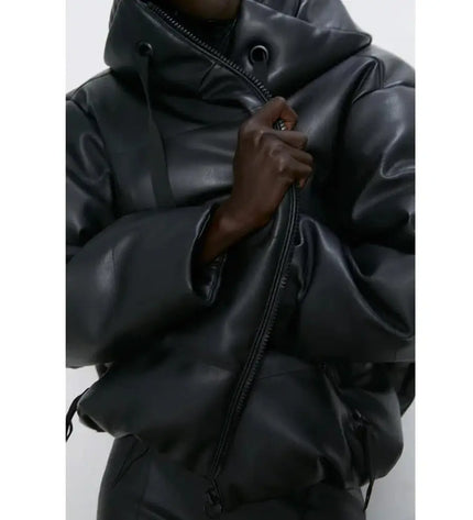 Grozavu Lokar Hooded Faux Leather Parka: Elegant PU Leather