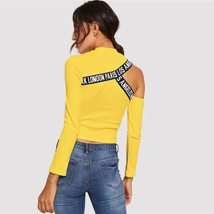 Cut-Out Shoulder Letter Tape Tee – Slim Fit