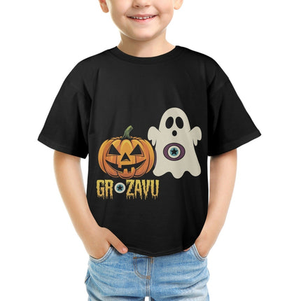  A spooky kids' Halloween T-shirt designed for comfort and fun, perfect for the season.