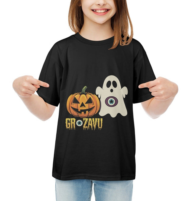 A comfy Halloween T-shirt for kids, featuring spooky designs and perfect for all Halloween activities.
