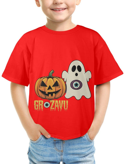  A spooky Halloween T-shirt for kids, designed for comfort and fun, perfect for trick-or-treating.