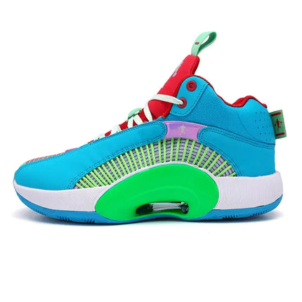 Vibrant blue, green, and red cushioned men's basketball shoe with intricate design by Dashan Forest.