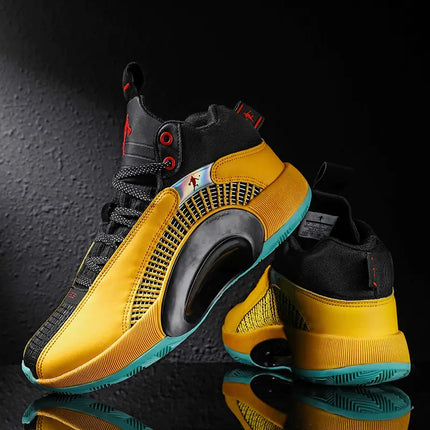 High-quality men's basketball shoes with cushioned support, featuring vibrant yellow and black design with turquoise soles from Dashan Forest.