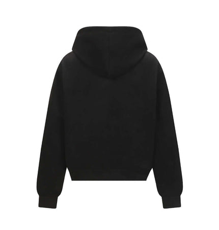 Back view of the Letter Print Hooded Sweatshirt - Loose Fit in black, showcasing its hood and relaxed silhouette.