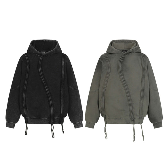 Vintage Washed Distressed Patchwork Turn-up Hem Hoodie Unisex Trendy Loose Casual Sweatshirt