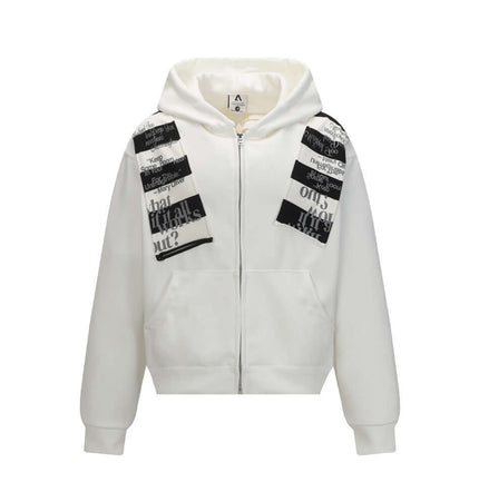 Letter Print Hooded Sweatshirt - Loose Fit in white with bold graphic print and zipper closure.