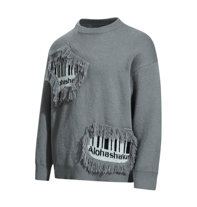 Fringe Patchwork Knit Sweater – Loose Fit in grey with fringe accents and raw-edge patchwork detailing.