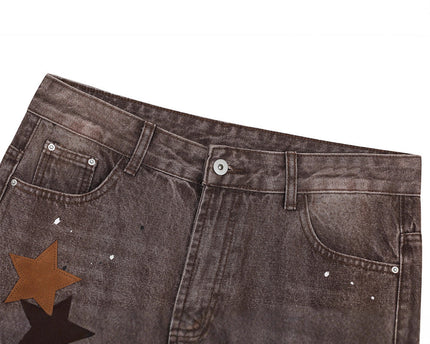 Streetwear Men's Denim Pants with Patchwork, Distressed Bleached Finish, Trendy Loose Fit, Wide Leg Style, Long Trousers