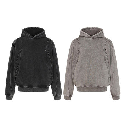 High Street  Washed Distressed Patchwork Fleece Lined Hoodie Unisex Trendy Loose Casual Hooded Sweatshirt