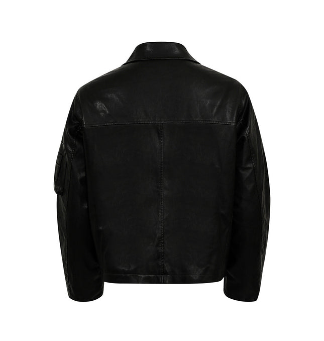 Retro Cotton Coat with PU Leather Patchwork – Loose Fit