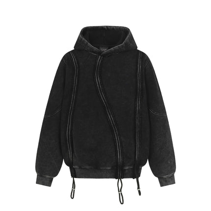 Vintage Washed Distressed Patchwork Turn-up Hem Hoodie Unisex Trendy Loose Casual Sweatshirt