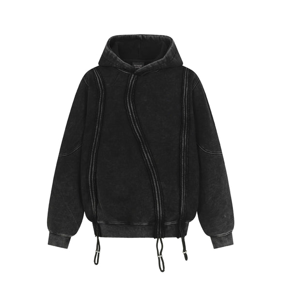 Vintage Washed Distressed Patchwork Turn-up Hem Hoodie Unisex Trendy Loose Casual Sweatshirt