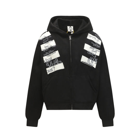 Streetwear Style Men's Hooded Sweatshirt with Letter Print, Open Front, Loose Fit, Casual Outerwear Top