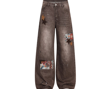 Streetwear Men's Denim Pants with Patchwork, Distressed Bleached Finish, Trendy Loose Fit, Wide Leg Style, Long Trousers
