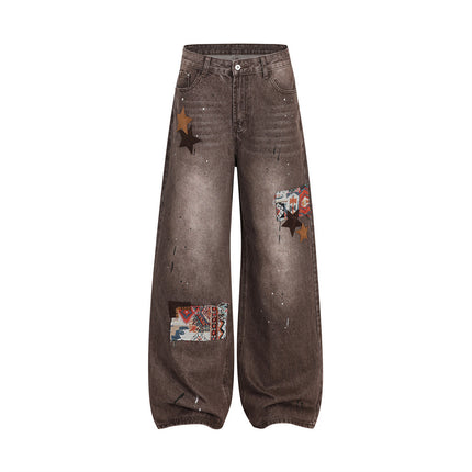 Streetwear Men's Denim Pants with Patchwork, Distressed Bleached Finish, Trendy Loose Fit, Wide Leg Style, Long Trousers