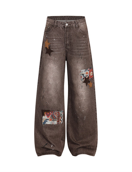 Streetwear Men's Denim Pants with Patchwork, Distressed Bleached Finish, Trendy Loose Fit, Wide Leg Style, Long Trousers