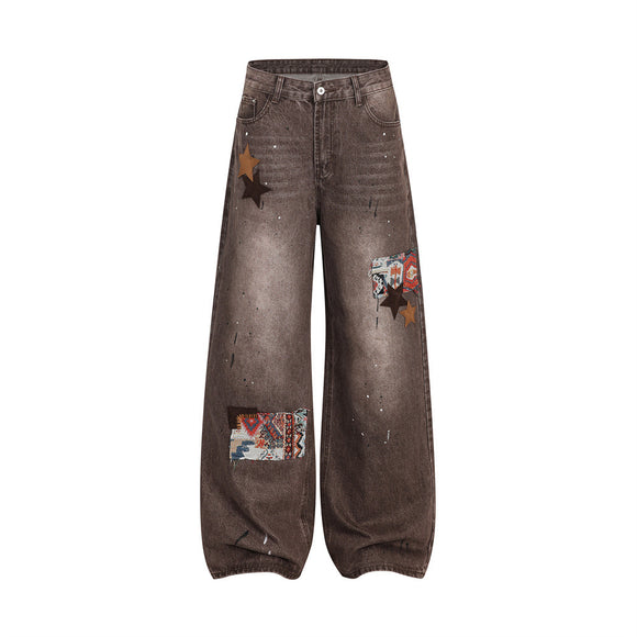 Streetwear Men's Denim Pants with Patchwork, Distressed Bleached Finish, Trendy Loose Fit, Wide Leg Style, Long Trousers