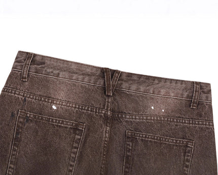 Streetwear Men's Denim Pants with Patchwork, Distressed Bleached Finish, Trendy Loose Fit, Wide Leg Style, Long Trousers