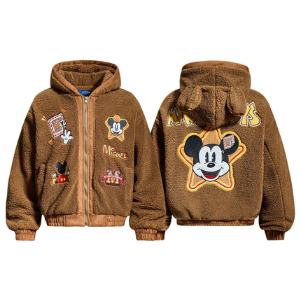 Fun Cartoon Letter Embroidery Shearling Hooded Cotton Jacket Unisex Couple American Vintage Winter Warm BF Coat