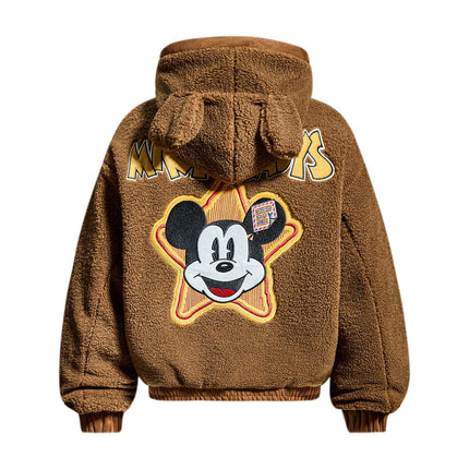 Fun Cartoon Letter Embroidery Shearling Hooded Cotton Jacket Unisex Couple American Vintage Winter Warm BF Coat
