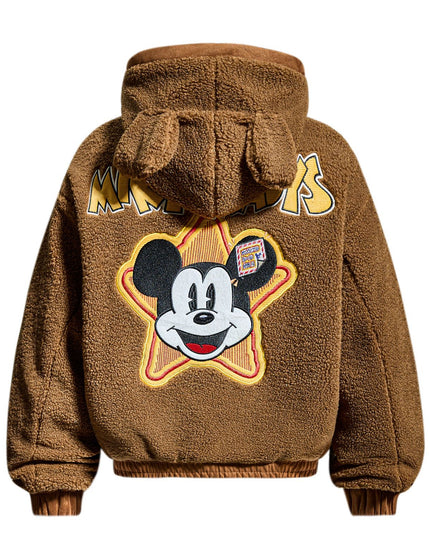 Chaqueta de algodón con capucha de shearling y bordado de letras de dibujos animados divertidos