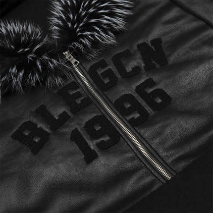 Hooded Fur Collar Jacket – Loose Fit featuring black fur collar and letter embroidery detailing.